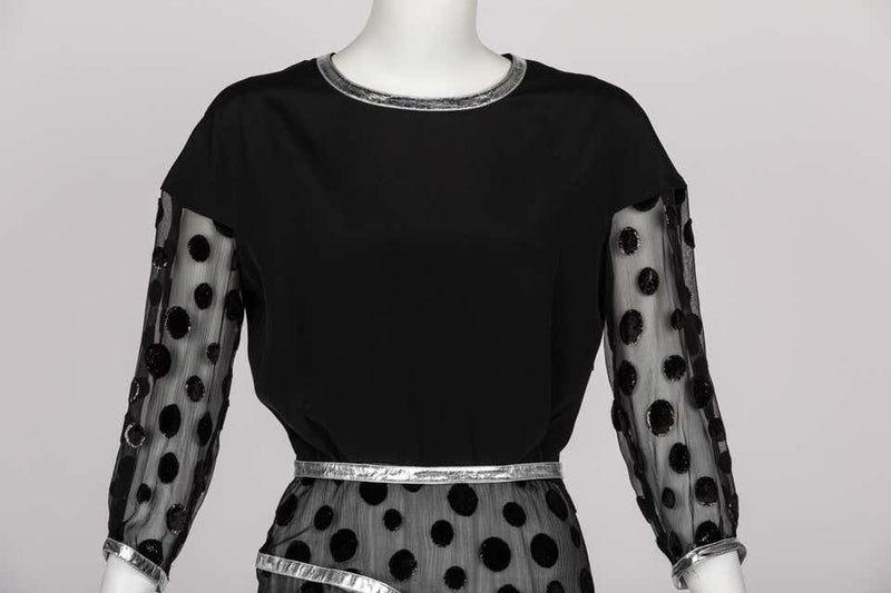 Courrèges Black Metallic Polka Dot Layered Maxi Dress, 1970s