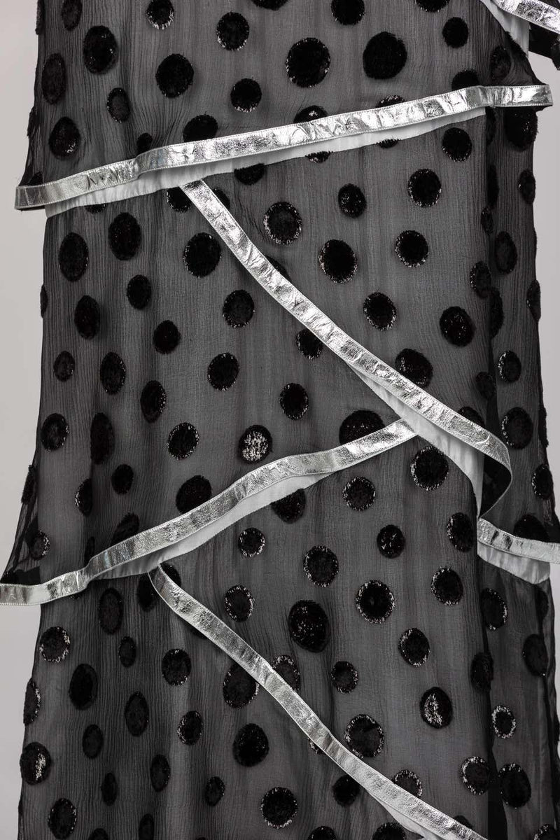 Courrèges Black Metallic Polka Dot Layered Maxi Dress, 1970s