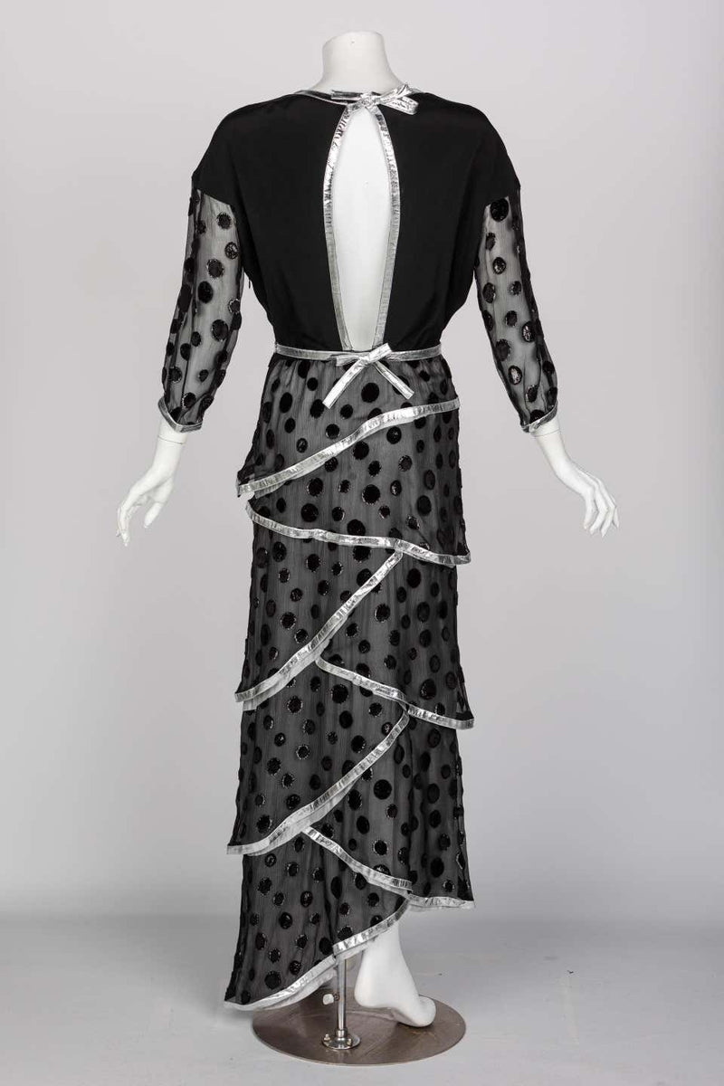 Courrèges Black Metallic Polka Dot Layered Maxi Dress, 1970s