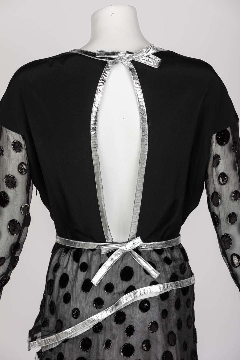Courrèges Black Metallic Polka Dot Layered Maxi Dress, 1970s