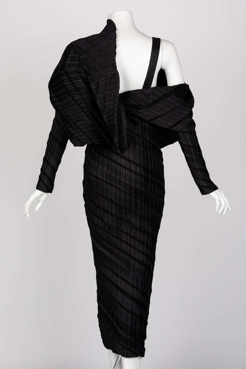Issey Miyake Black Pleated Sculptural Dress, 1990s
