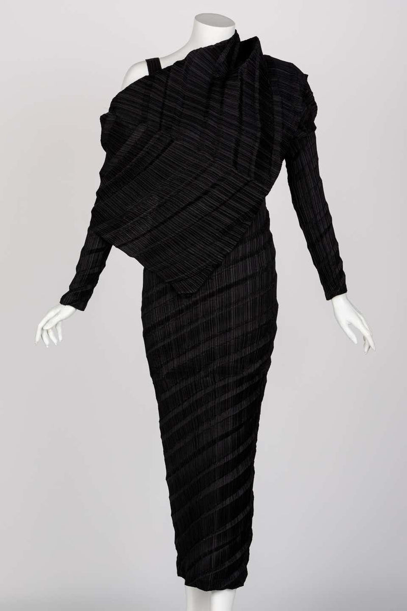 Issey Miyake Black Pleated Sculptural Dress, 1990s
