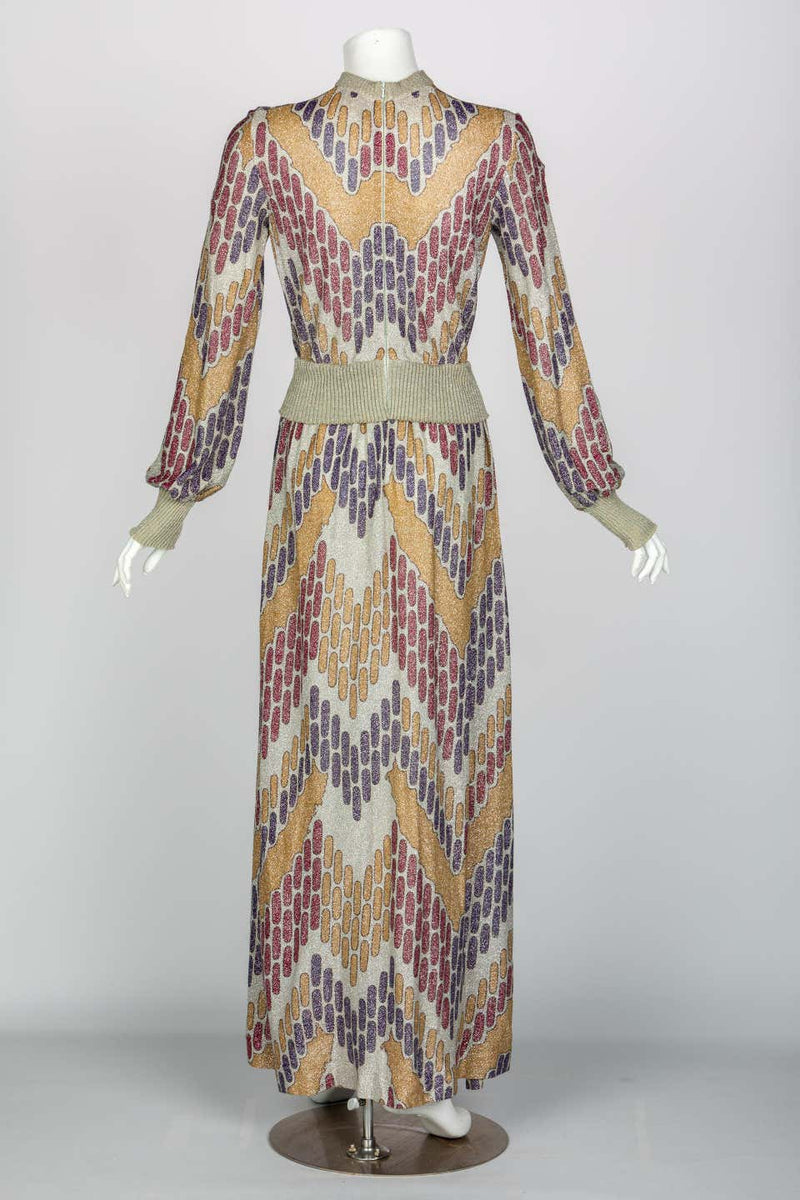 Lanvin Silver Print Maxi Dress Knit Details, 1970s