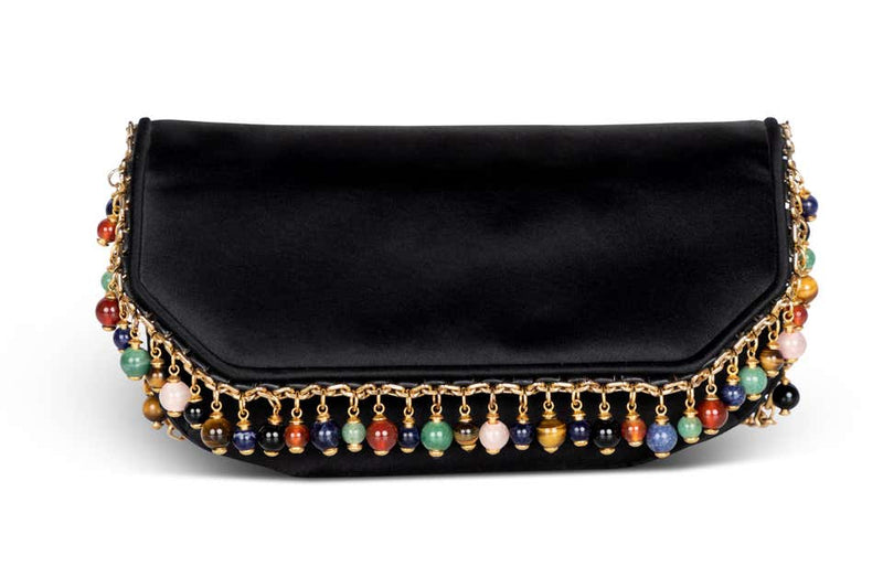 Judith Leiber Black Silk Semiprecious stones Gold Chain Bag Clutch