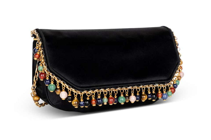 Judith Leiber Black Silk Semiprecious stones Gold Chain Bag Clutch