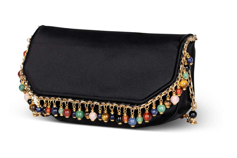 Judith Leiber Black Silk Semiprecious stones Gold Chain Bag Clutch