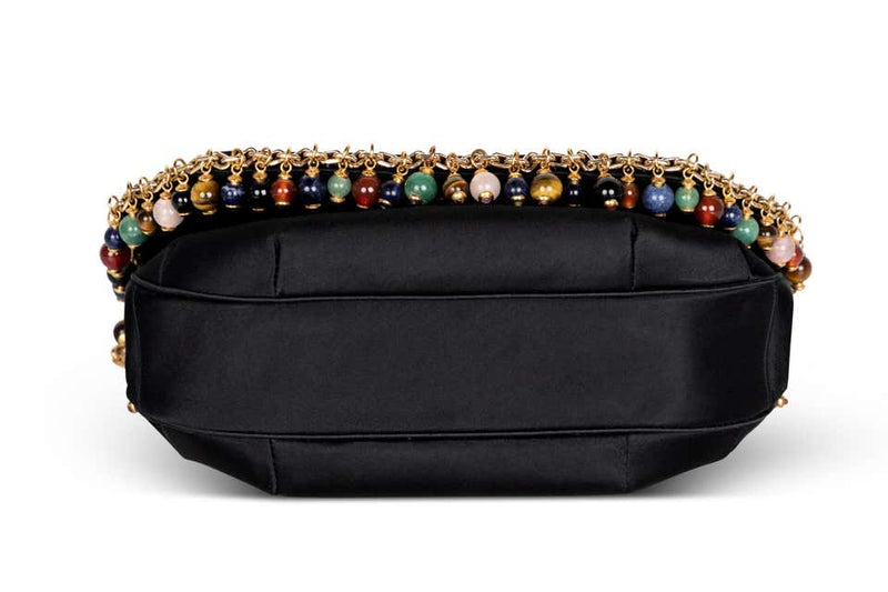 Judith Leiber Black Silk Semiprecious stones Gold Chain Bag Clutch