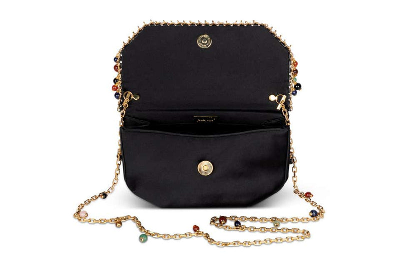 Judith Leiber Black Silk Semiprecious stones Gold Chain Bag Clutch