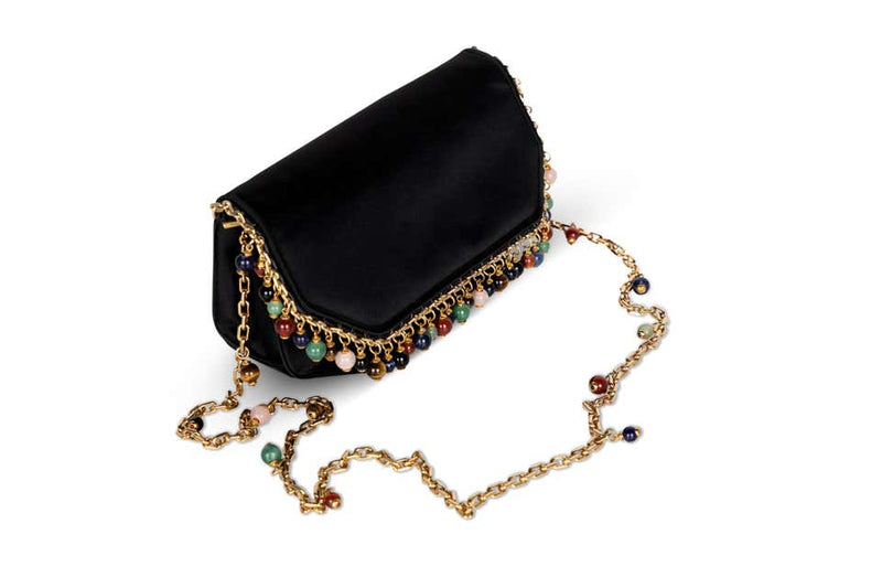 Judith Leiber Black Silk Semiprecious stones Gold Chain Bag Clutch