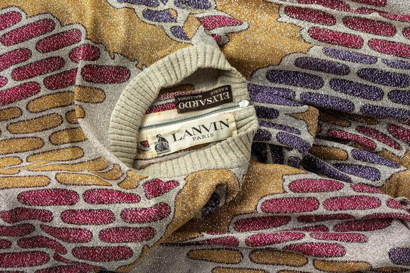 Lanvin Silver Print Maxi Dress Knit Details, 1970s
