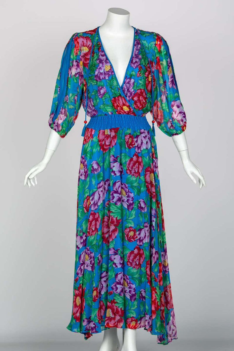 Diane Freis Blue Floral Silk Georgette Dress, 1990s