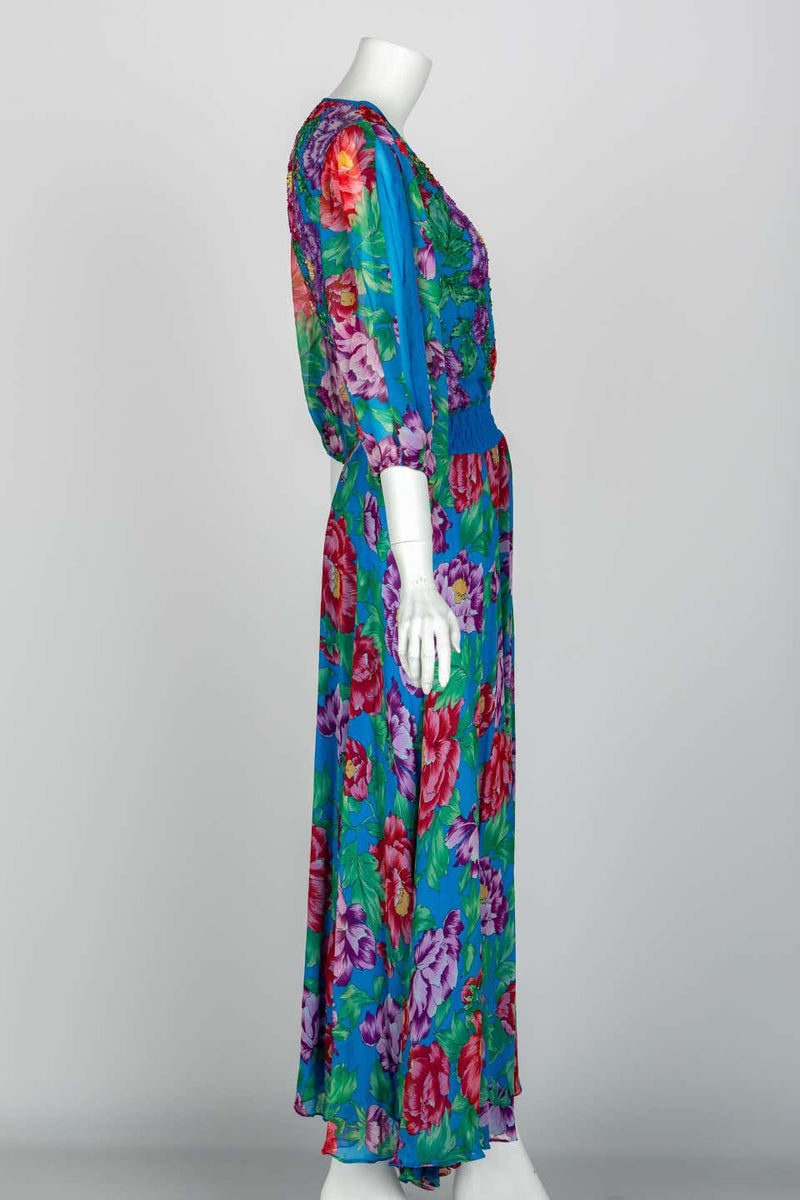 Diane Freis Blue Floral Silk Georgette Dress, 1990s