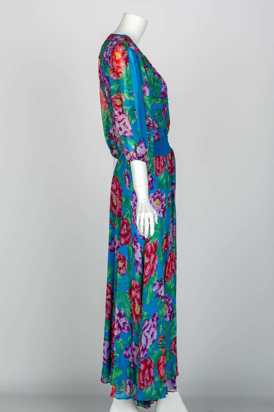 diane freis vintage dresses Diane Freis Blue Floral Silk Georgette Dress, 1990s