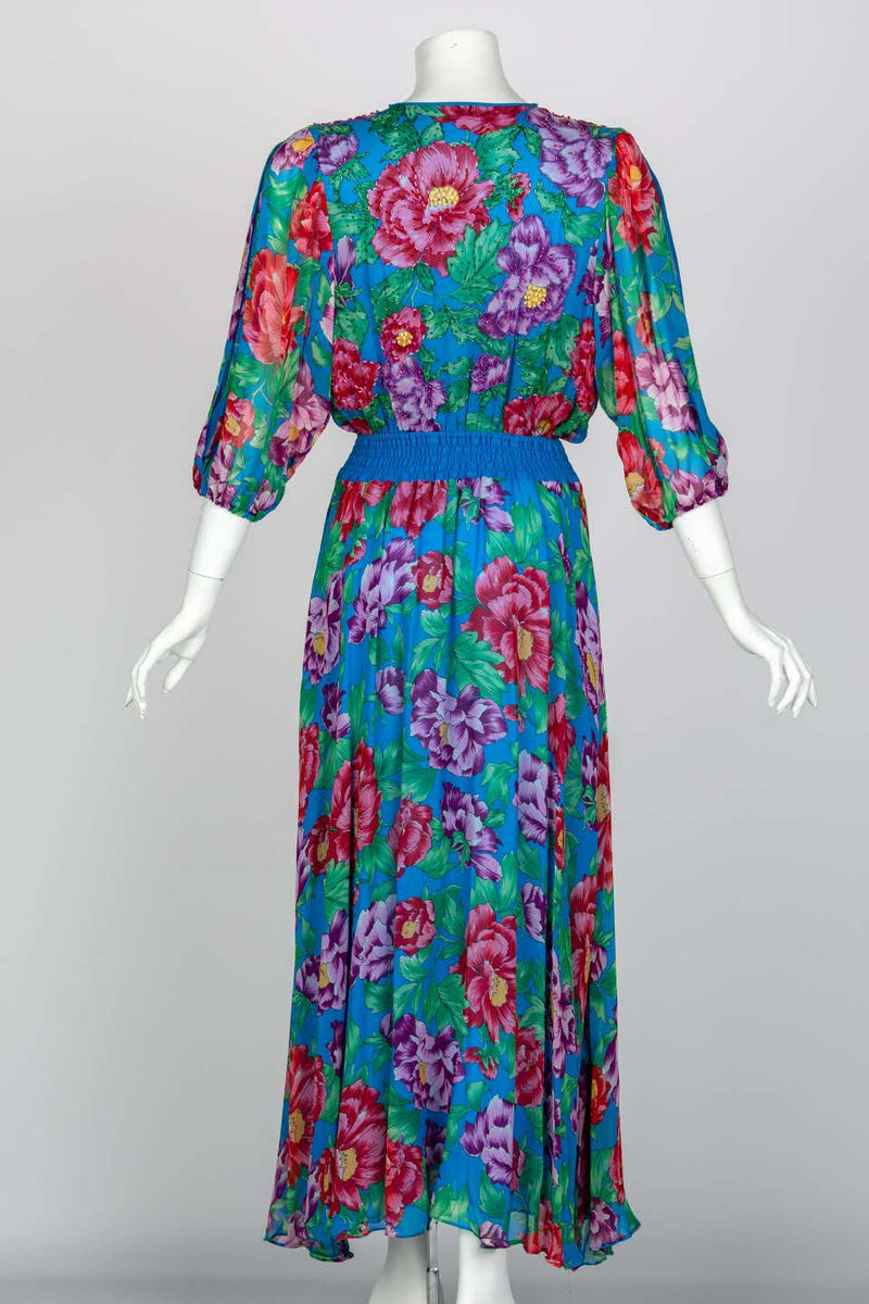 Diane Freis Blue Floral Silk Georgette Dress, 1990s