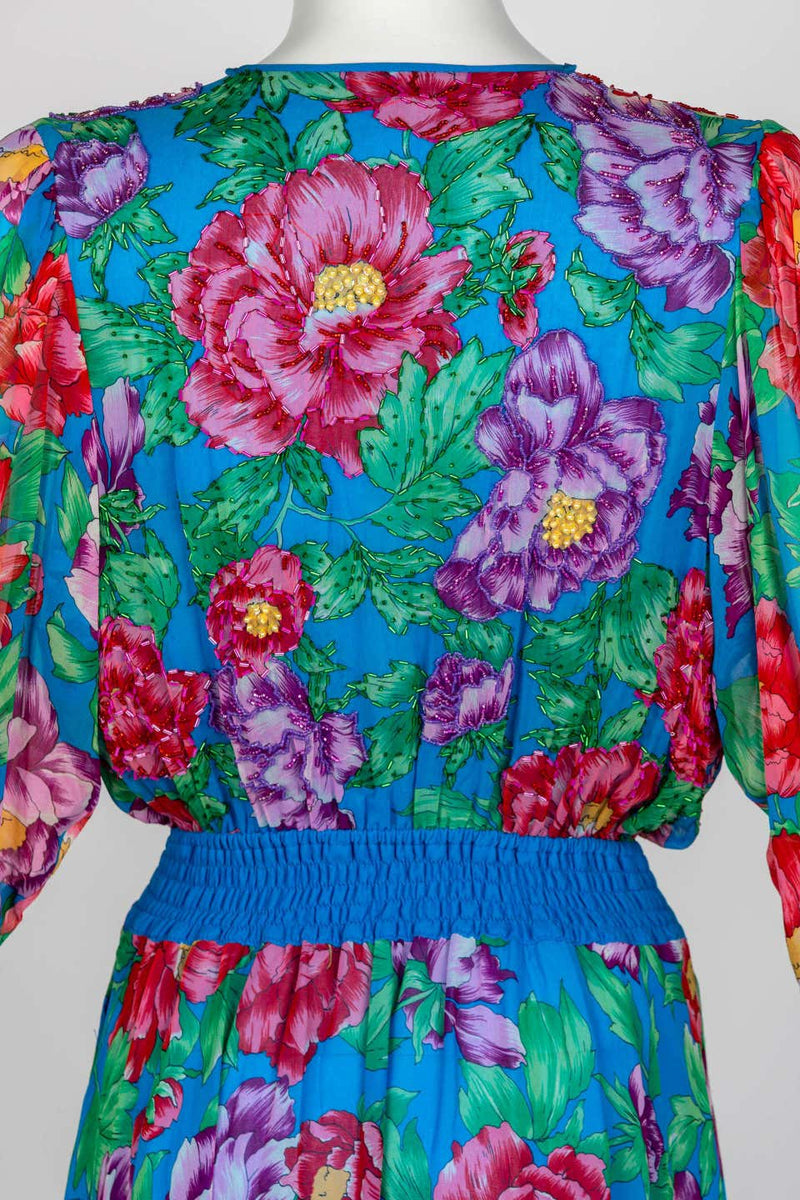 Diane Freis Blue Floral Silk Georgette Dress, 1990s