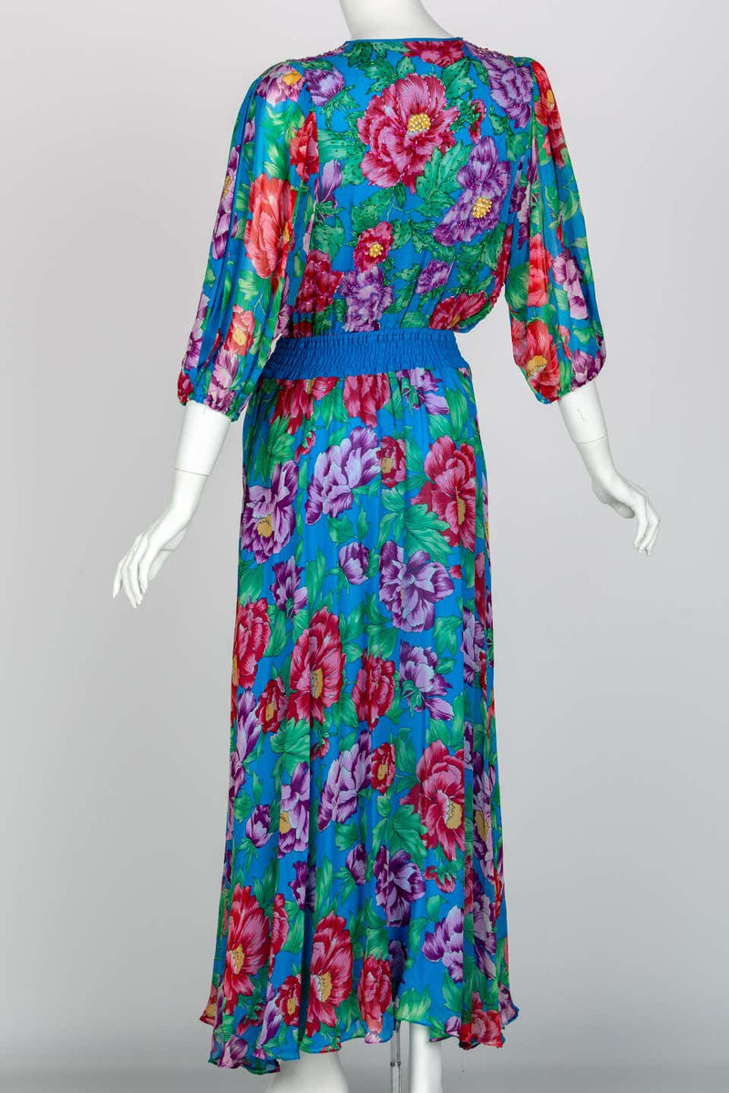 Diane Freis Blue Floral Silk Georgette Dress, 1990s