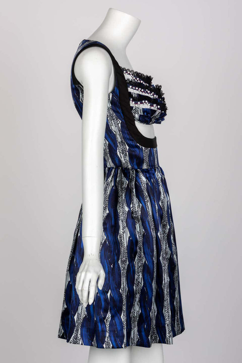 Prada Silk Cable Knit Blue Black Printed Cut Out Dress Runway Fall 2010