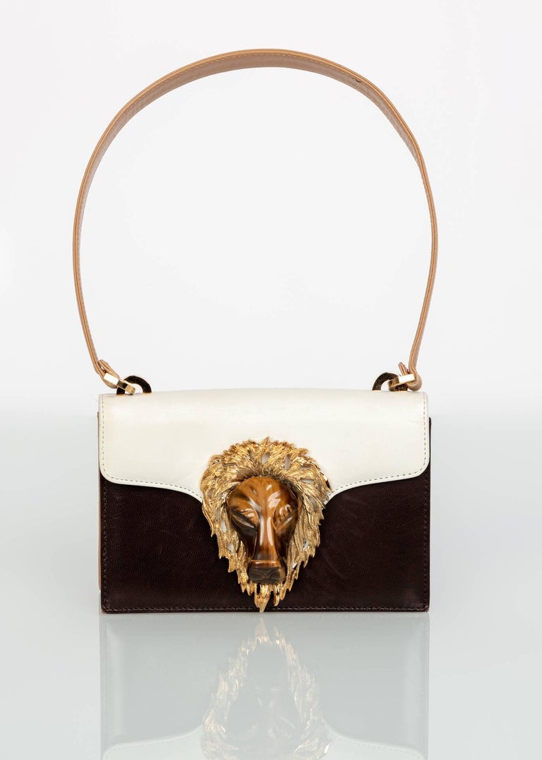 1970s Valentino Tiger's Eye Lion Head Gold Brown Ivory Shoulder Bag