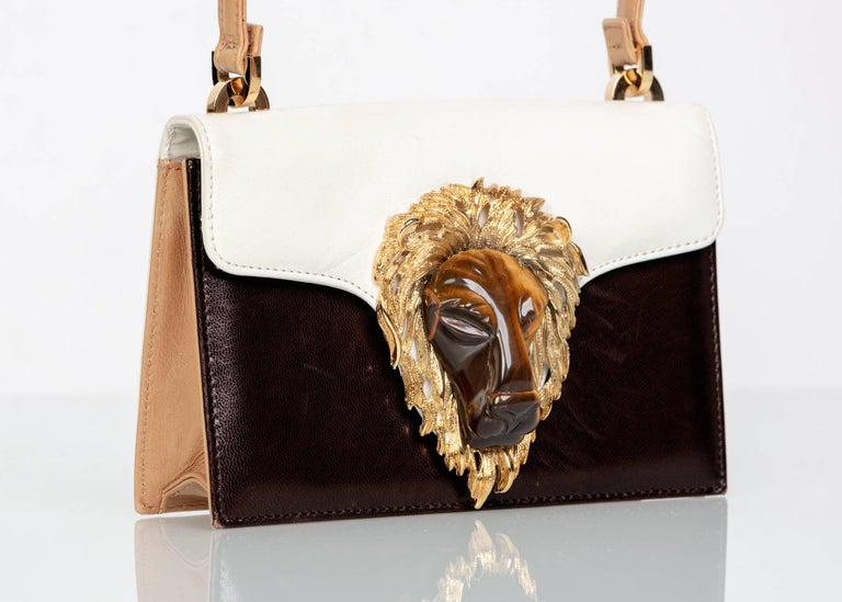 1970s Valentino Tiger's Eye Lion Head Gold Brown Ivory Shoulder Bag