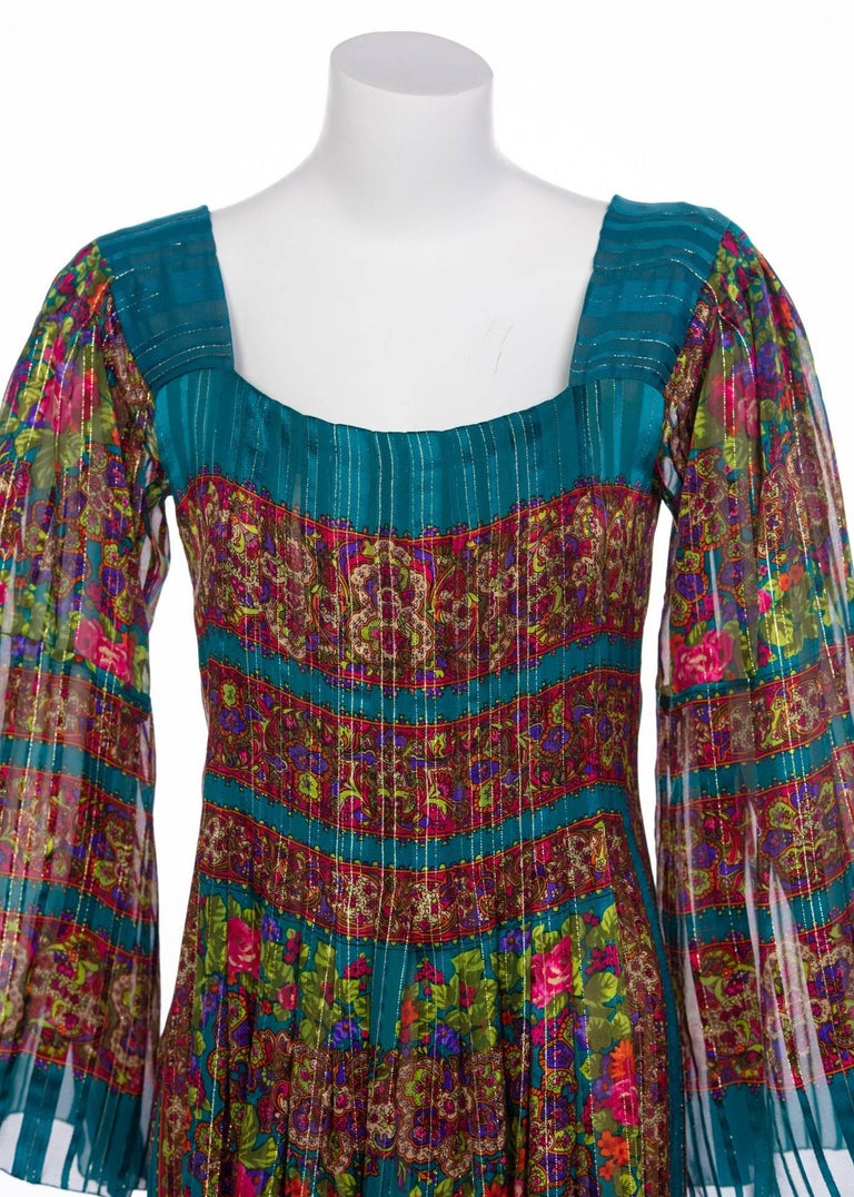 1970s Pauline Trigère Silk Floral Metallic Bell Sleeve Caftan Maxi Dress