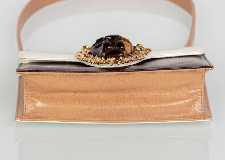 1970s Valentino Tiger's Eye Lion Head Gold Brown Ivory Shoulder Bag