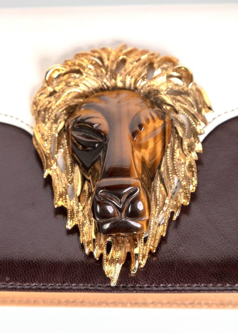 1970s Valentino Tiger's Eye Lion Head Gold Brown Ivory Shoulder Bag