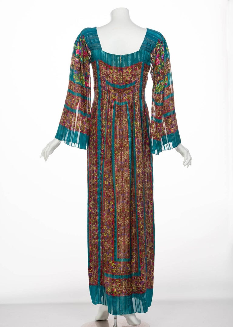 1970s Pauline Trigère Silk Floral Metallic Bell Sleeve Caftan Maxi Dress