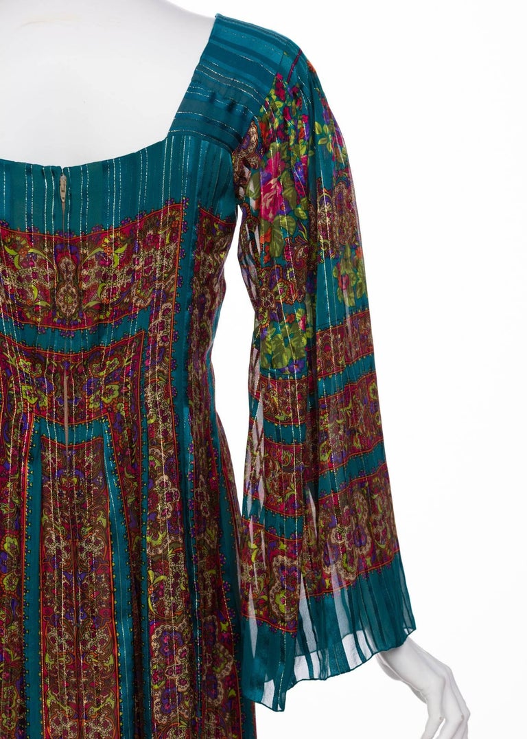 1970s Pauline Trigère Silk Floral Metallic Bell Sleeve Caftan Maxi Dress