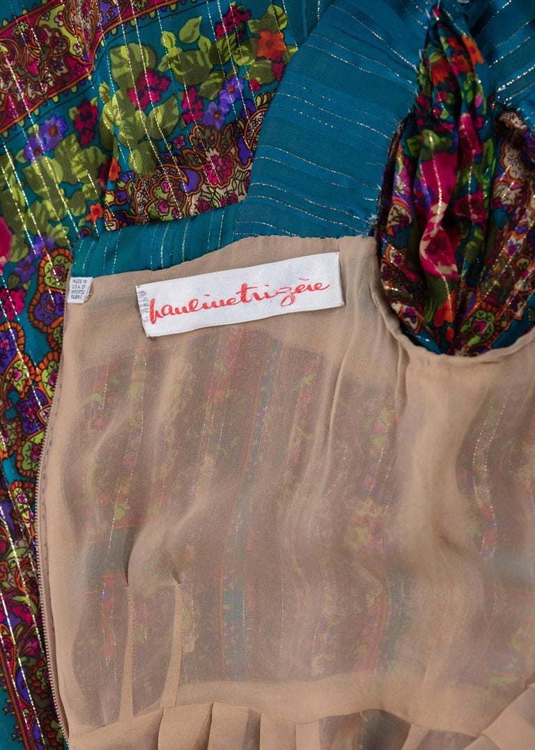 1970s Pauline Trigère Silk Floral Metallic Bell Sleeve Caftan Maxi Dress