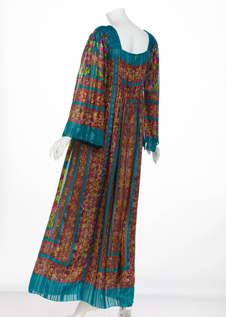 1970s Pauline Trigère Silk Floral Metallic Bell Sleeve Caftan Maxi Dress