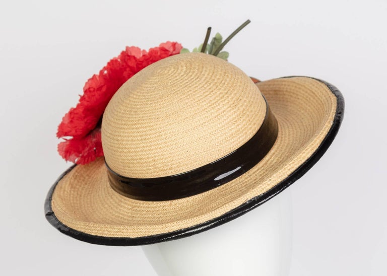 Yves Saint Laurent Straw and Black Patent Leather Red Poppy Flower Hat, 1970s