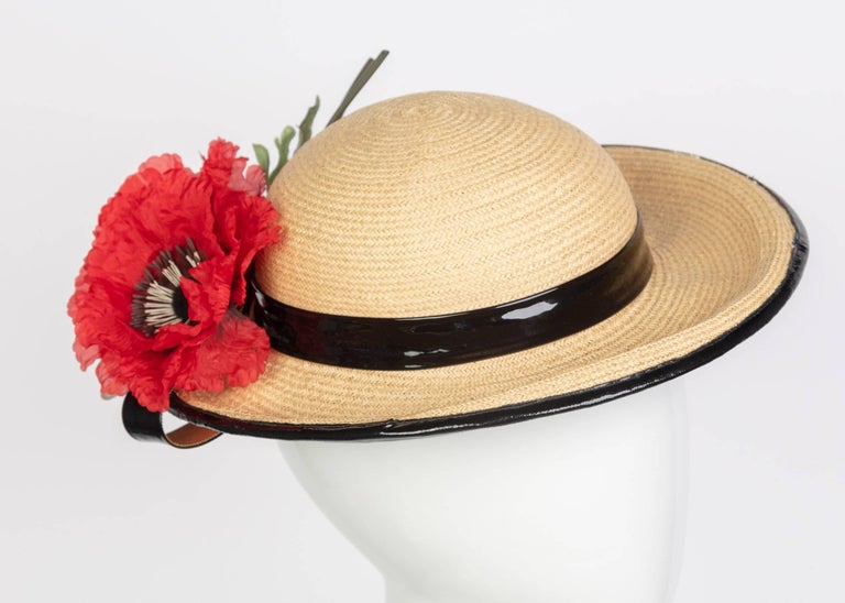 Yves Saint Laurent Straw and Black Patent Leather Red Poppy Flower Hat, 1970s