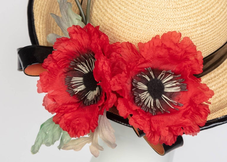 Yves Saint Laurent Straw and Black Patent Leather Red Poppy Flower Hat, 1970s