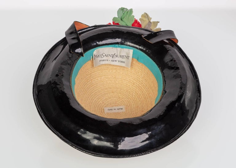 Yves Saint Laurent Straw and Black Patent Leather Red Poppy Flower Hat, 1970s