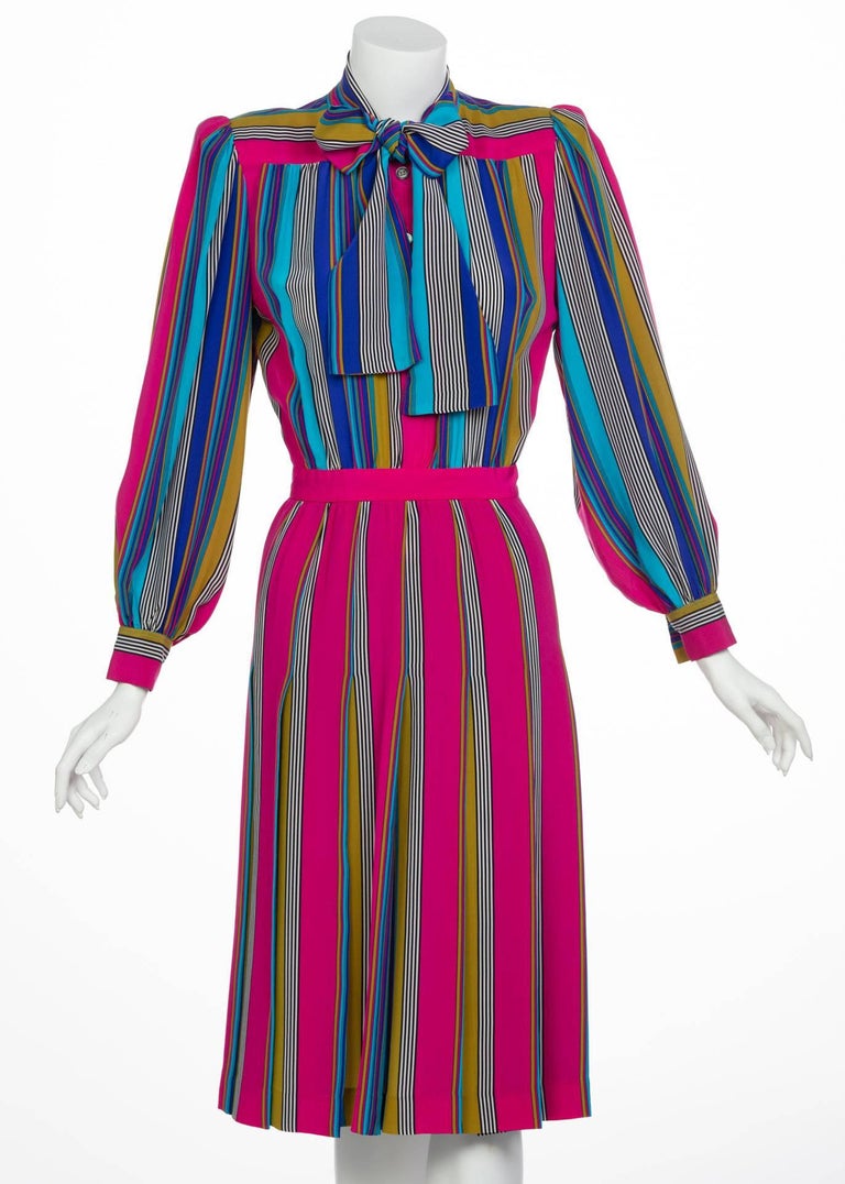 1982 Yves Saint Laurent Multicolored Striped Silk Dress Documented YSL