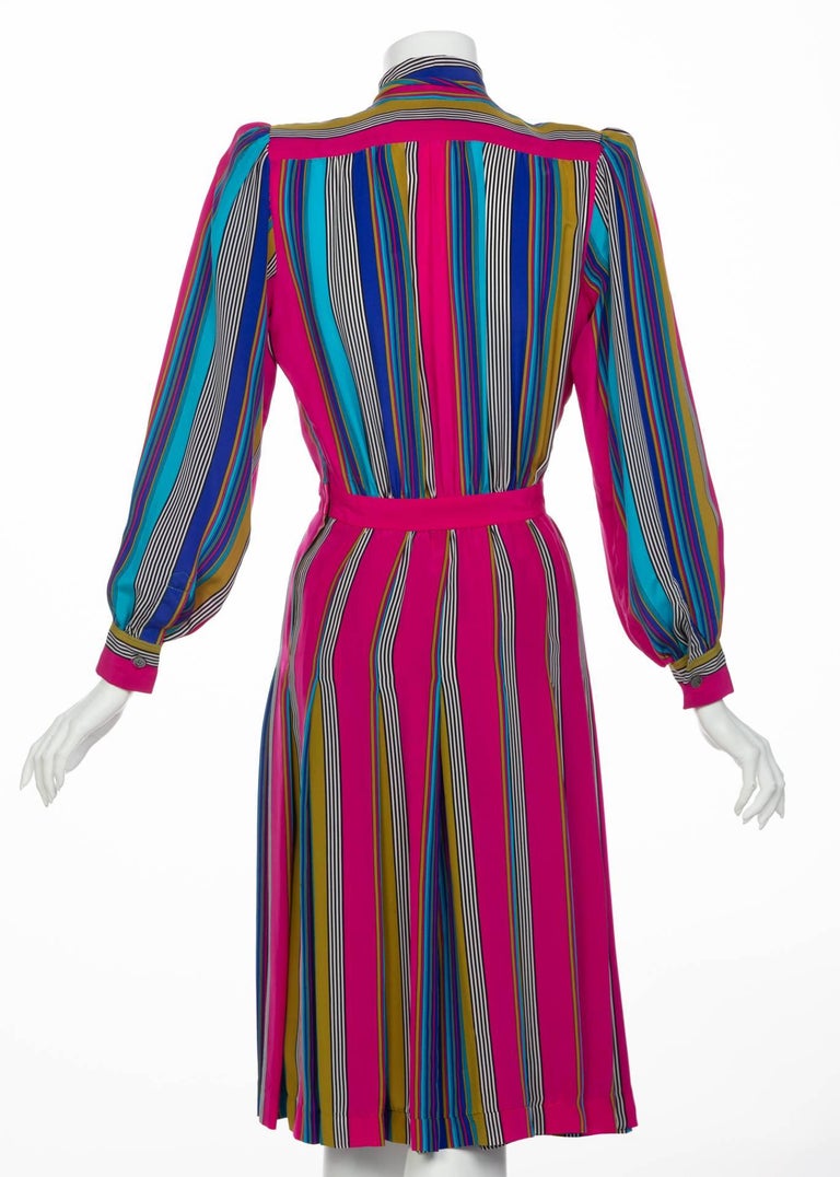 1982 Yves Saint Laurent Multicolored Striped Silk Dress Documented YSL