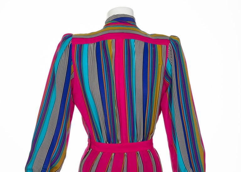 1982 Yves Saint Laurent Multicolored Striped Silk Dress Documented YSL