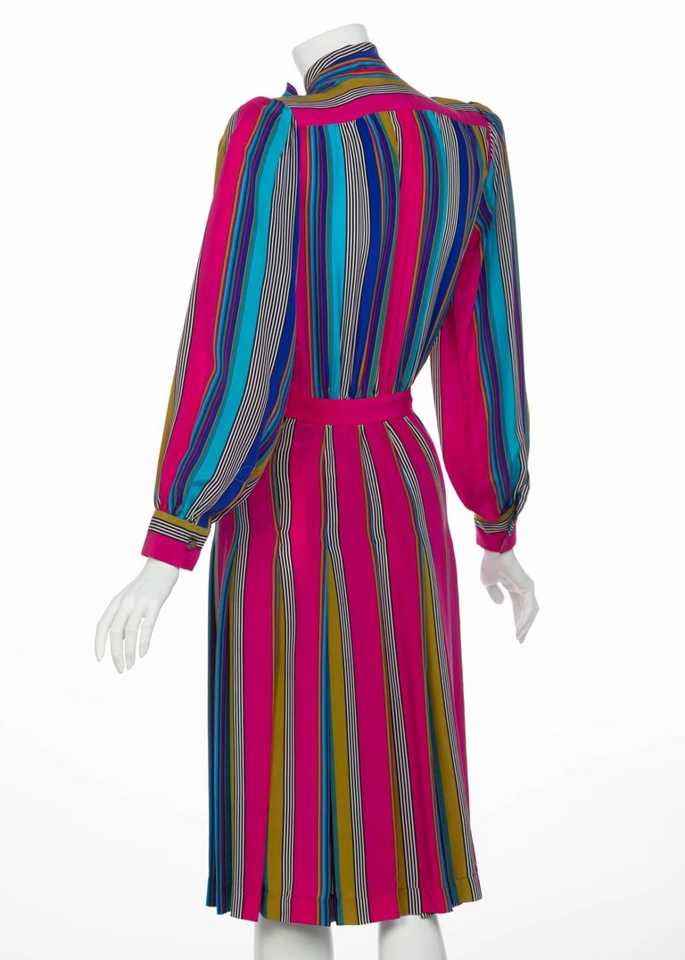 1982 Yves Saint Laurent Multicolored Striped Silk Dress Documented YSL
