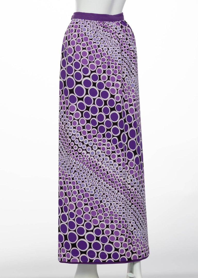 Mod Purple and White Polka Dot Maxi Wrap Skirt, 1970s