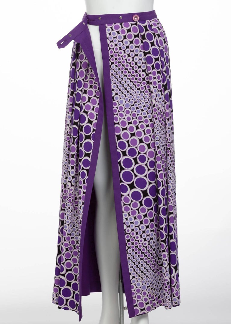 Mod Purple and White Polka Dot Maxi Wrap Skirt, 1970s