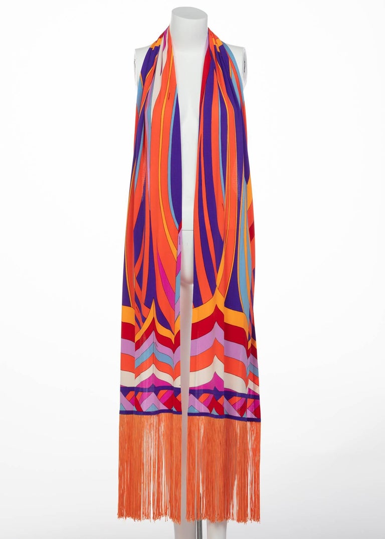 Leonard Paris Orange Multicolored Print Silk Jersey Fringe Shawl / Scarf, 1970s