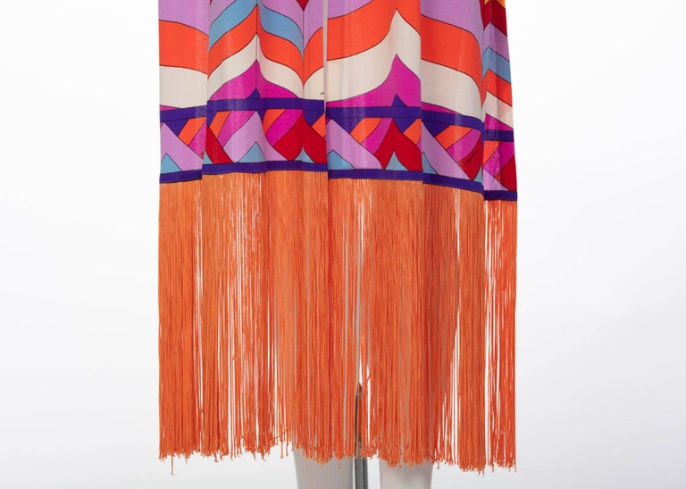 Leonard Paris Orange Multicolored Print Silk Jersey Fringe Shawl / Scarf, 1970s