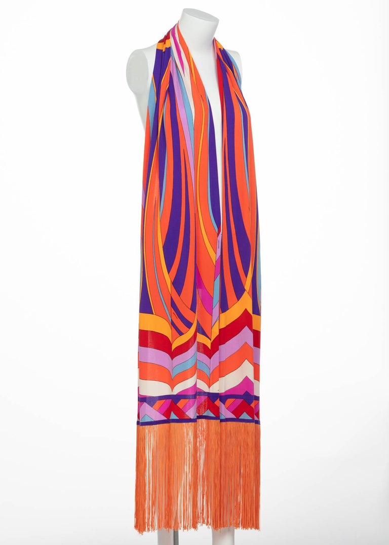 Leonard Paris Orange Multicolored Print Silk Jersey Fringe Shawl / Scarf, 1970s