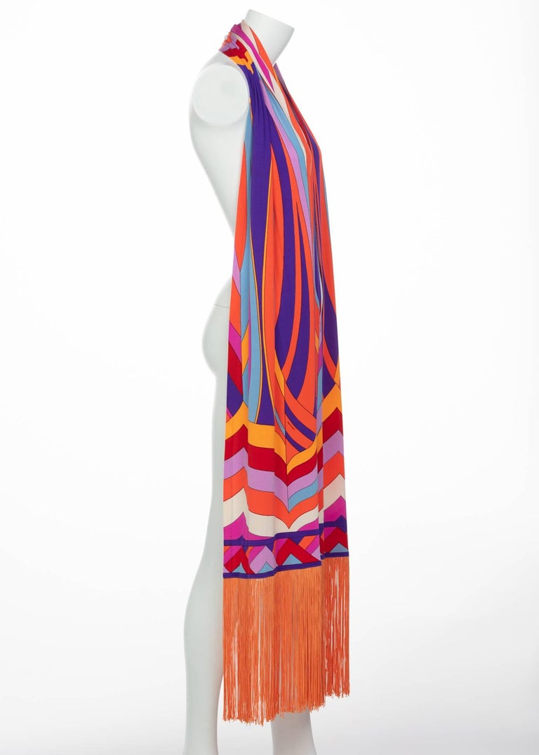 Leonard Paris Orange Multicolored Print Silk Jersey Fringe Shawl / Scarf, 1970s