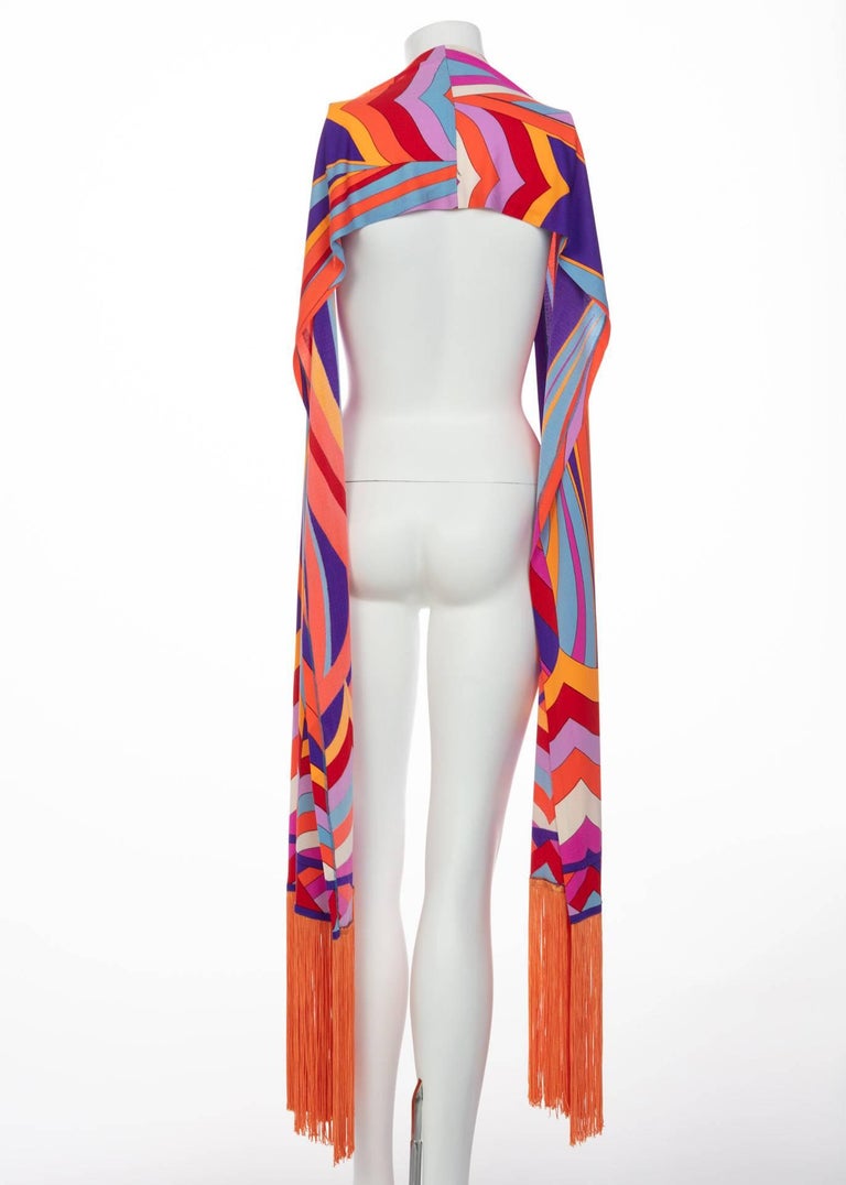 Leonard Paris Orange Multicolored Print Silk Jersey Fringe Shawl / Scarf, 1970s