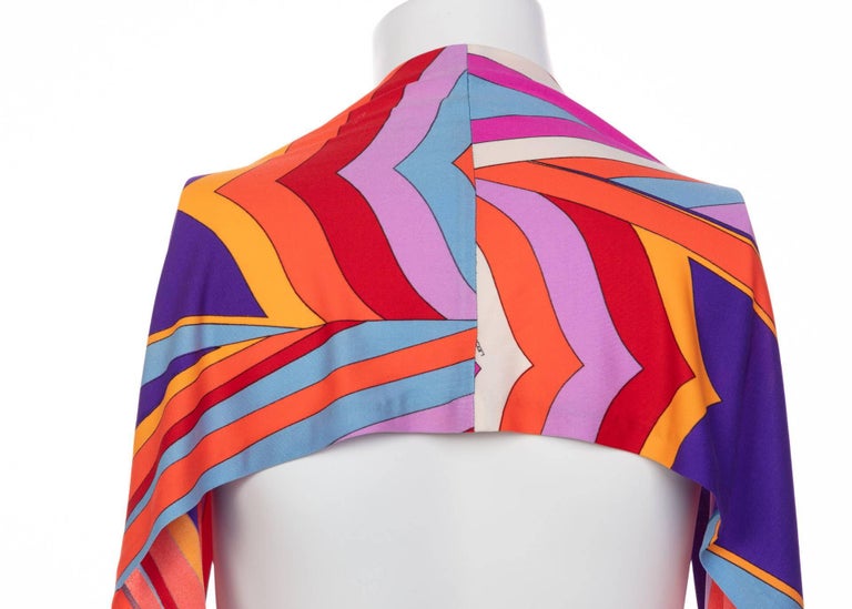 Leonard Paris Orange Multicolored Print Silk Jersey Fringe Shawl / Scarf, 1970s