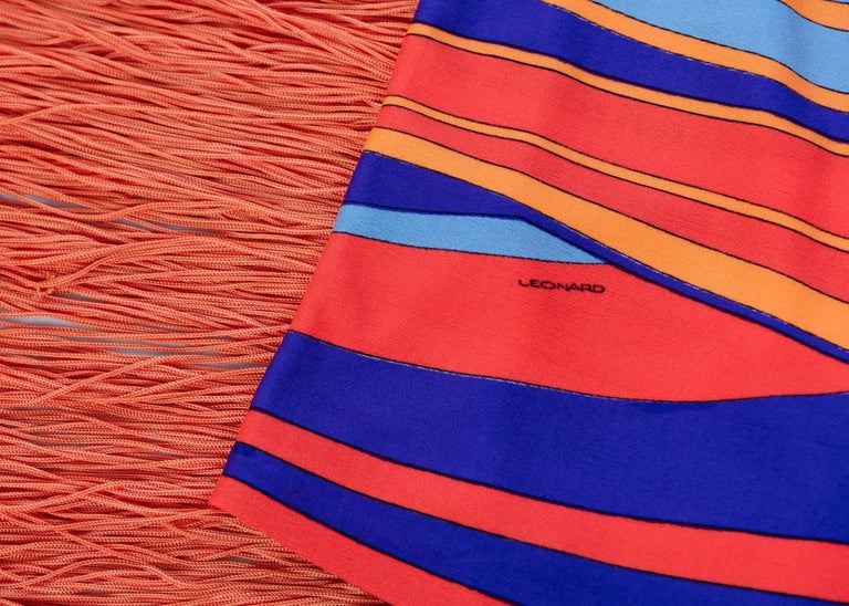 Leonard Paris Orange Multicolored Print Silk Jersey Fringe Shawl / Scarf, 1970s
