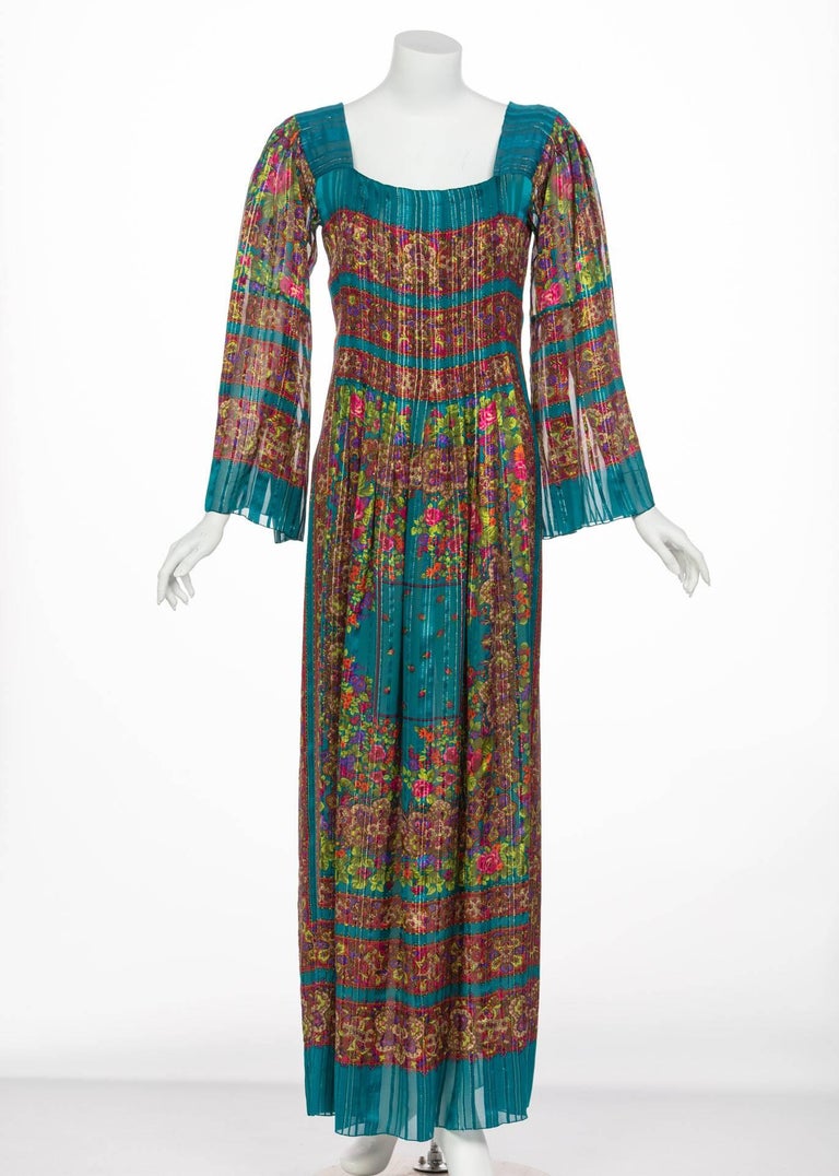 1970s Pauline Trigère Silk Floral Metallic Bell Sleeve Caftan Maxi Dress