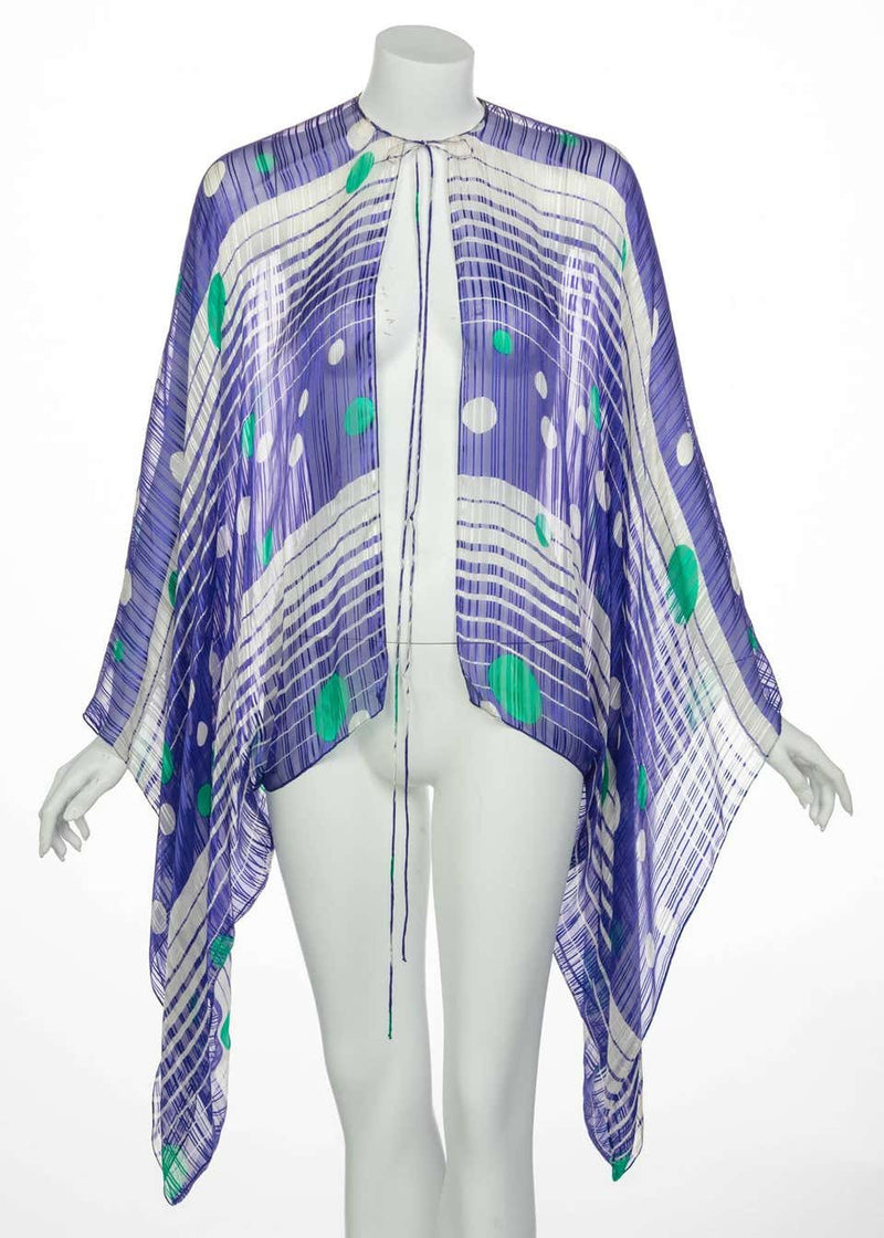 Sheer Silk Multicolored Dots and Stripes Kimono Sleeve Top, 1970s