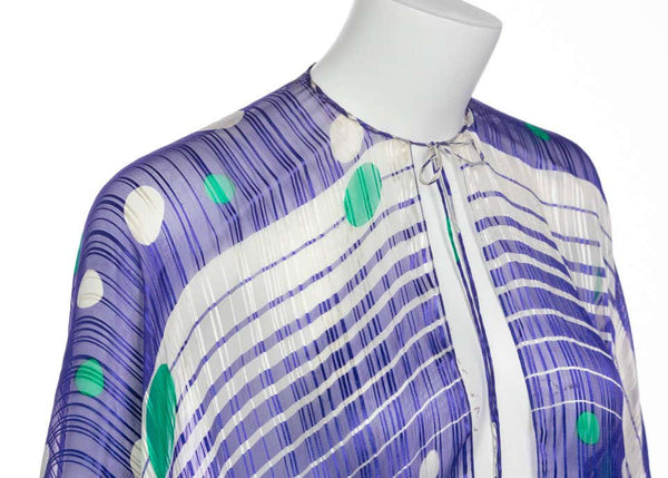 Sheer Silk Multicolored Dots and Stripes Kimono Sleeve Top, 1970s